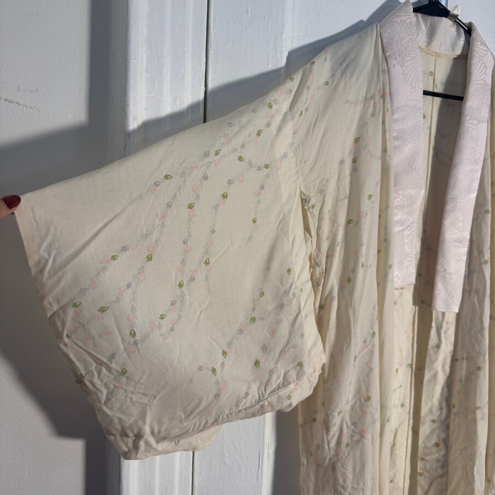Vtg Japanese Cotton Kimono Robe Cream Floral Sakura Cherry Blossom Loungewear - Picture 4 of 8
